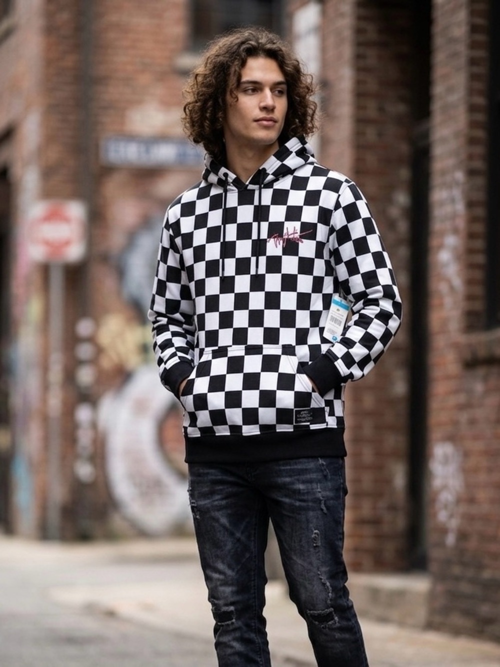 Tony Hawk Men's Pullover Hoodie S Black/White Check Fleece Logo Pockets